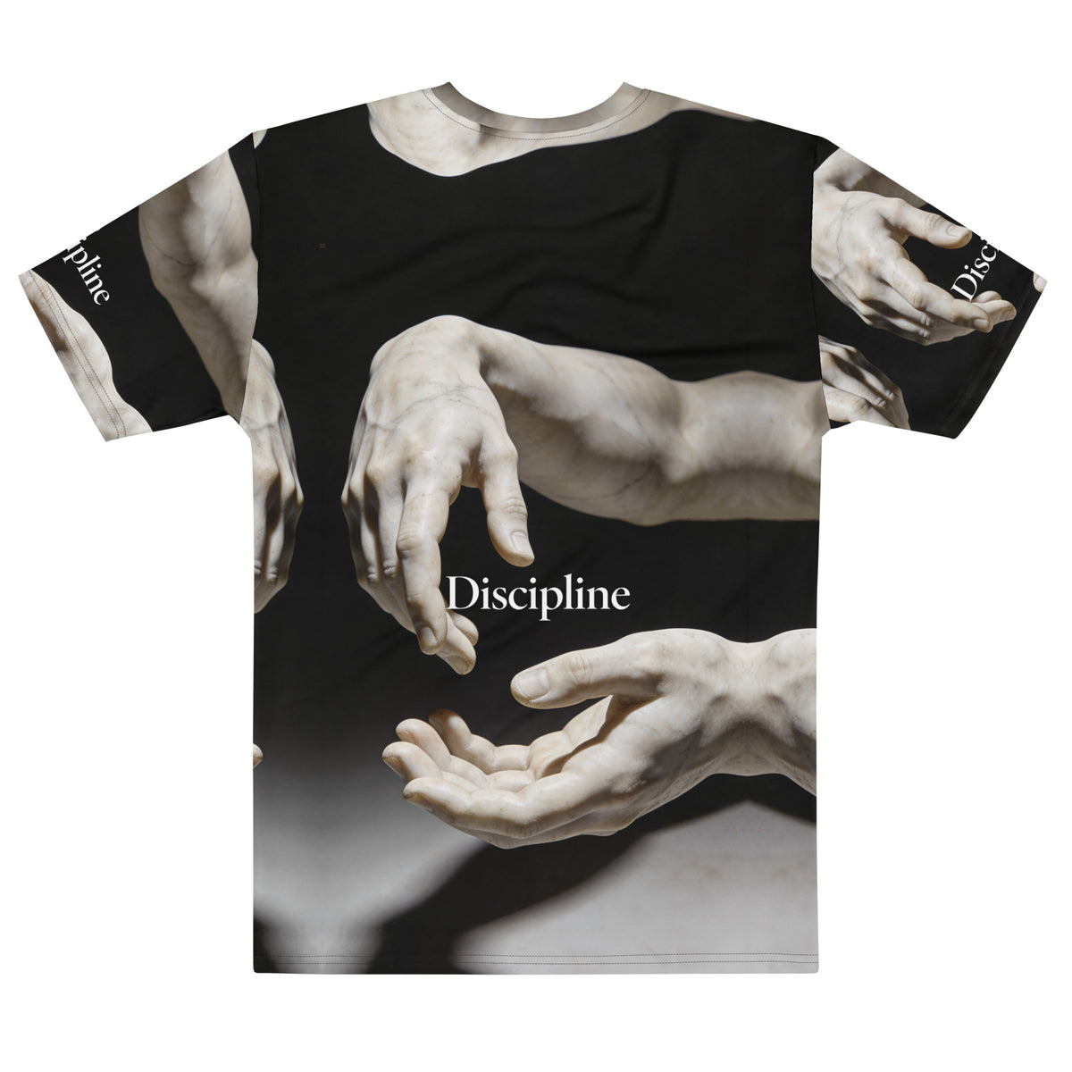 Back view of Discipline in Action men's T-shirt with grayscale sculptural hands and centered Discipline lettering
