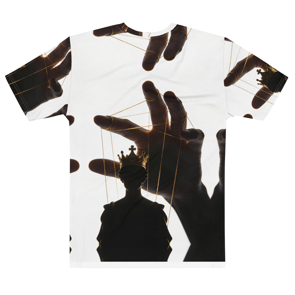 Back view of Hand Above the Throne men's T-shirt with dark hand and gold strings controlling a crowned silhouette