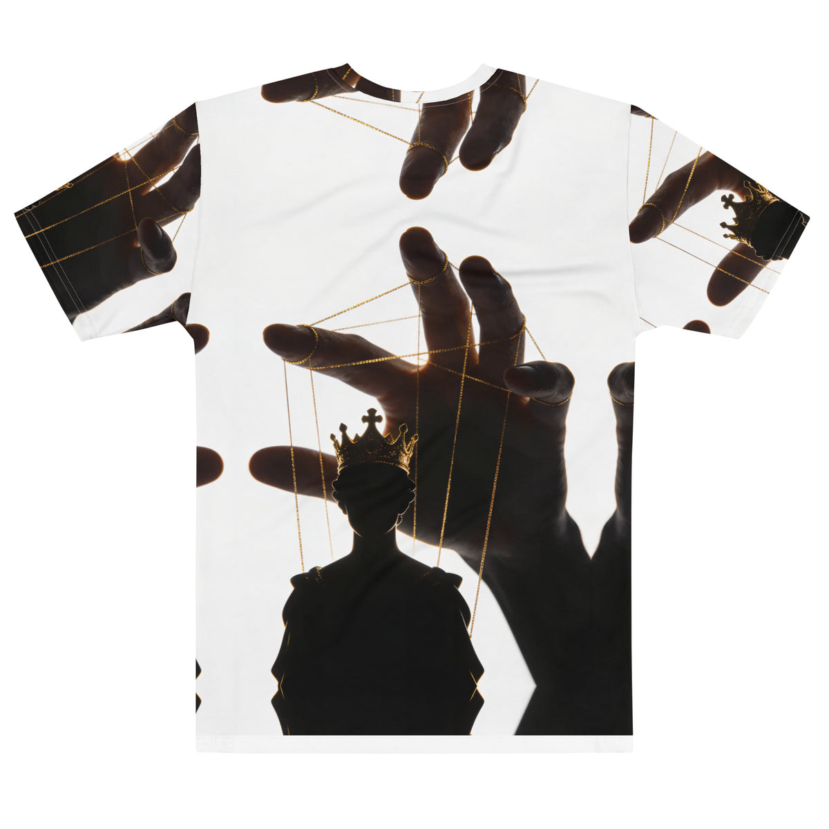 Back view of Hand Above the Throne men's T-shirt with dark hand and gold strings controlling a crowned silhouette