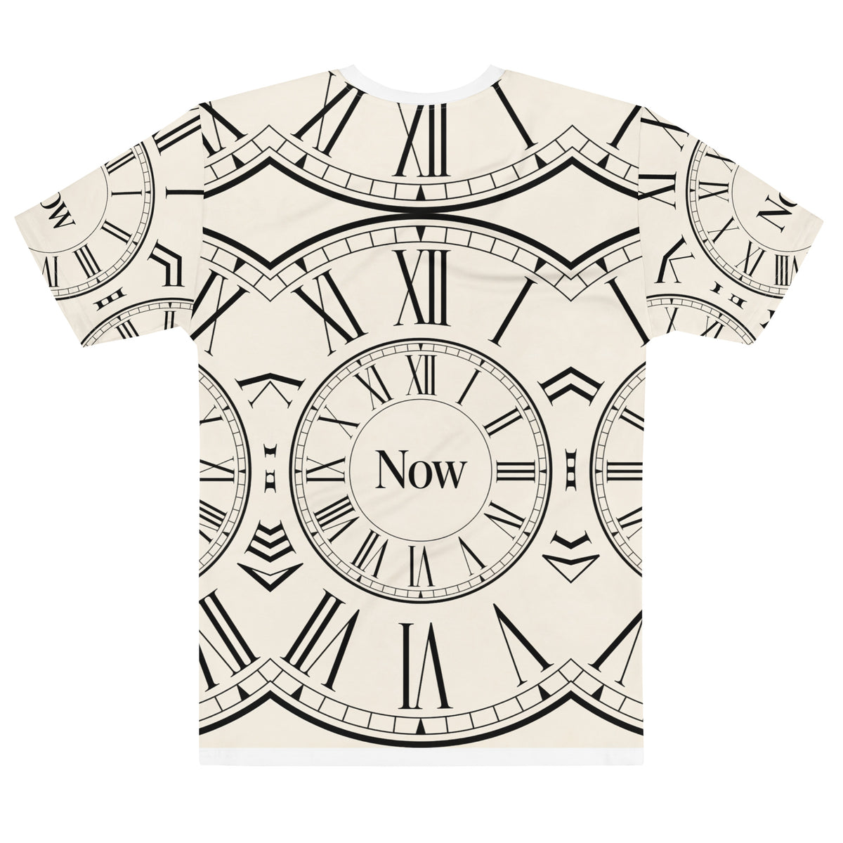 Back view of The Time is Now men's T-shirt with black Roman numeral clocks and central Now lettering on cream fabric