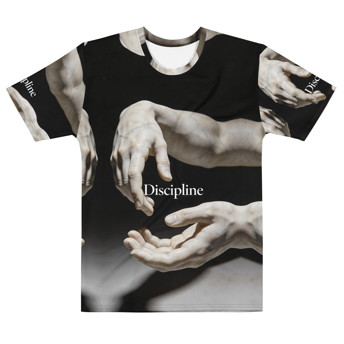 Front view of Discipline in Action men's T-shirt with reaching marble-like hands and Discipline wordmark on black
