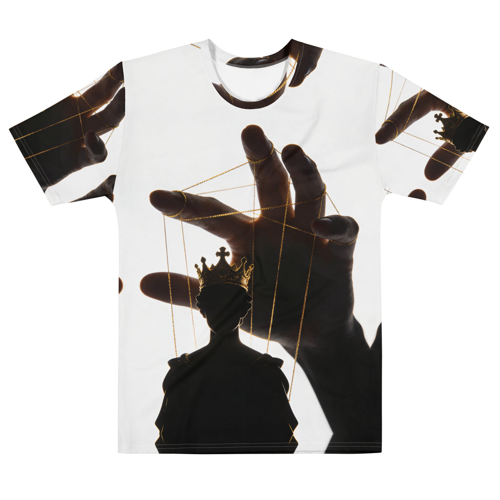 Front view of Hand Above the Throne men's T-shirt with silhouetted crowned figure beneath a puppet-master hand and gold strings