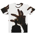 Front view of Hand Above the Throne men's T-shirt with silhouetted crowned figure beneath a puppet-master hand and gold strings