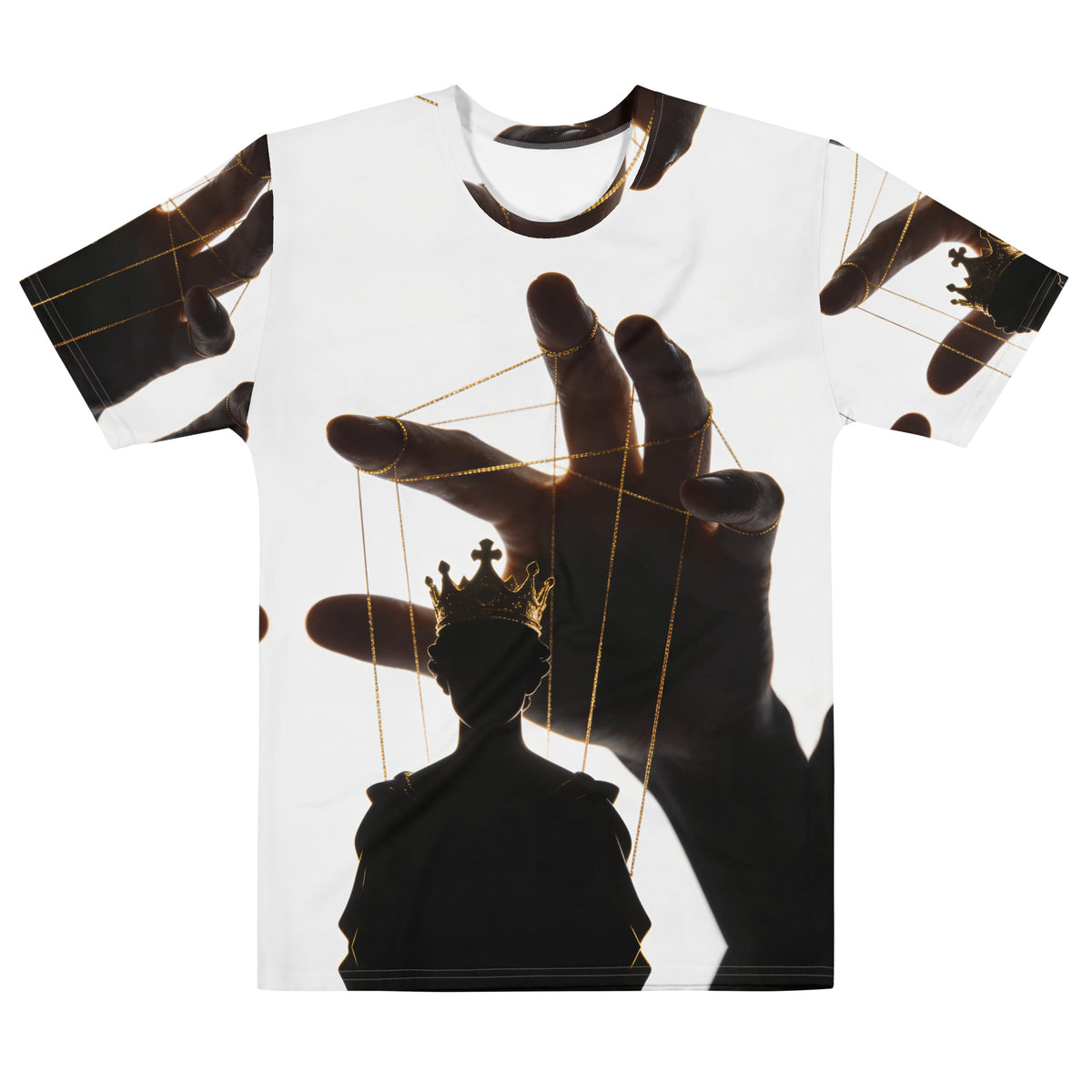 Front view of Hand Above the Throne men's T-shirt with silhouetted crowned figure beneath a puppet-master hand and gold strings