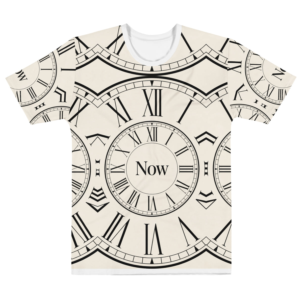 Front view of The Time is Now men's T-shirt with overlapping Roman numeral clock faces and Now text on cream print