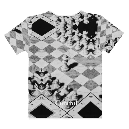 Back view of Command the Board women's T-shirt with full grayscale chessboard, chess pieces, and Control text