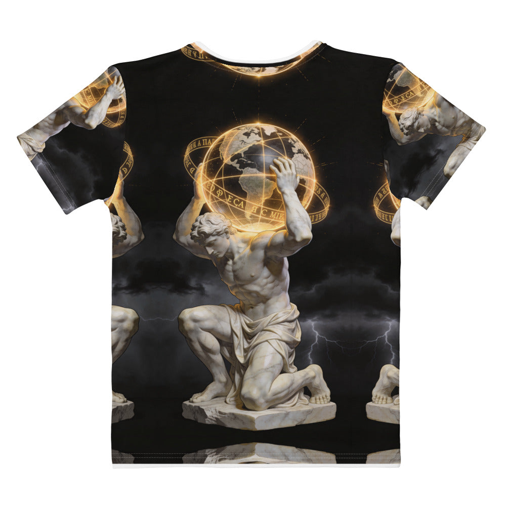 Back view of Burden of Greatness women's T-shirt with the globe-bearing classical figure and dark gold artwork