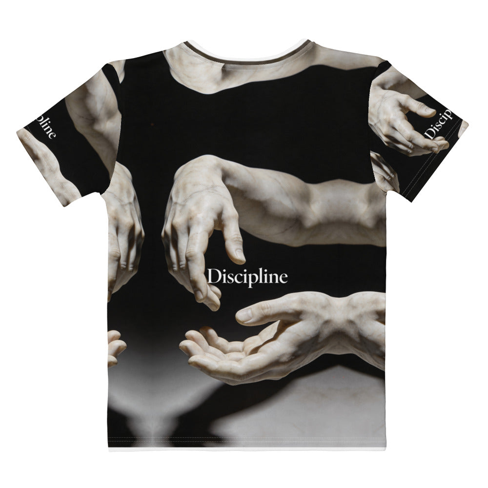 Back view of Discipline in Action women's T-shirt with repeated sculptural hands and Discipline text across black-and-gray print