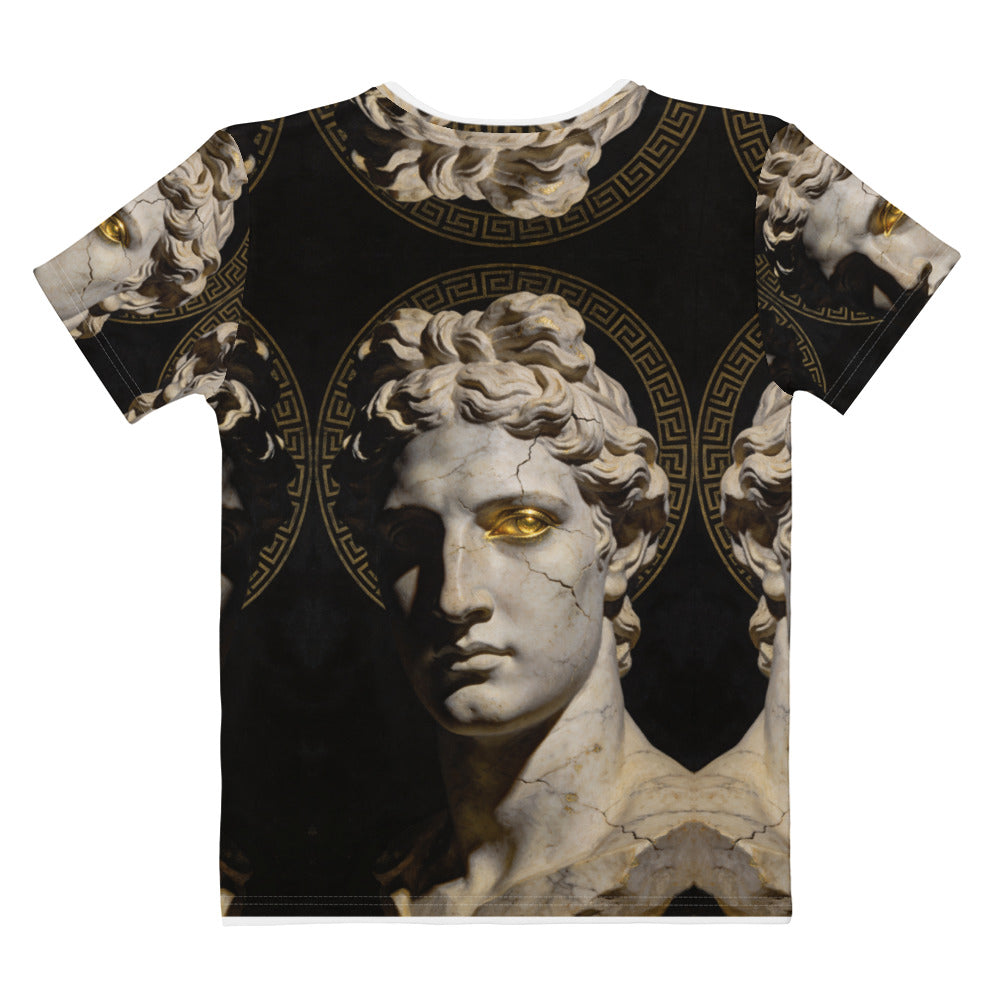 Back view of Eternal Gaze women's T-shirt with repeated cracked statue faces, gold eyes, and circular Greek-key motifs