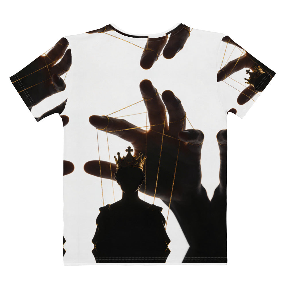 Back view of Hand Above the Throne women's T-shirt with black hand, golden puppet strings, and crowned silhouette artwork