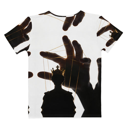 Back view of Hand Above the Throne women's T-shirt with black hand, golden puppet strings, and crowned silhouette artwork