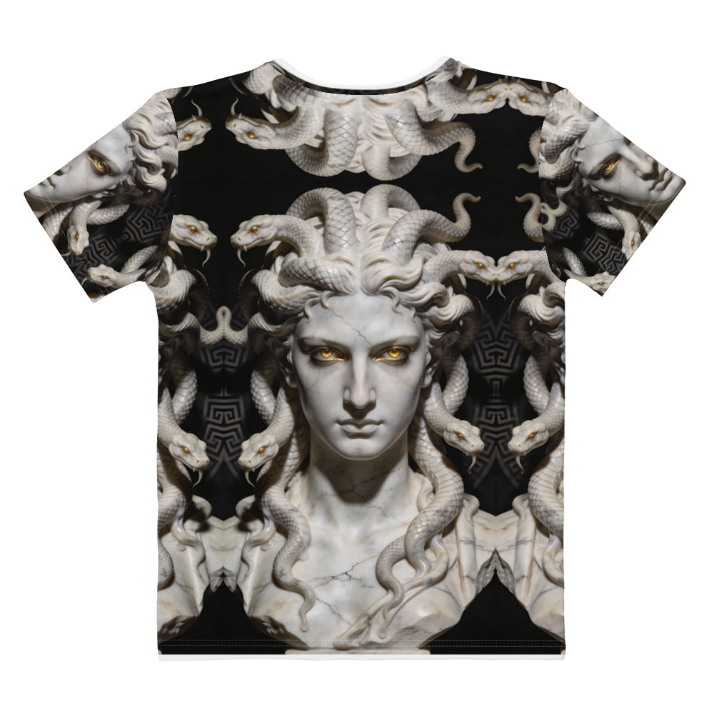 Back view of Medusa women's T-shirt with all-over stone Medusa portrait, coiling snakes, and Greek-key pattern