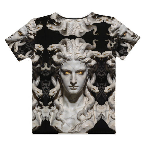 Back view of Medusa women's T-shirt with all-over stone Medusa portrait, coiling snakes, and Greek-key pattern