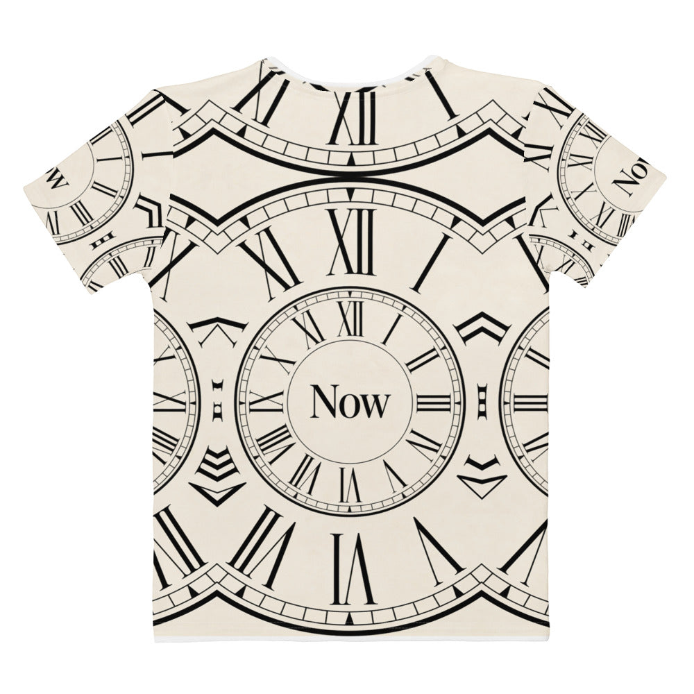 Back view of The Time is Now women's T-shirt with repeating Roman numeral clocks and Now typography on cream fabric