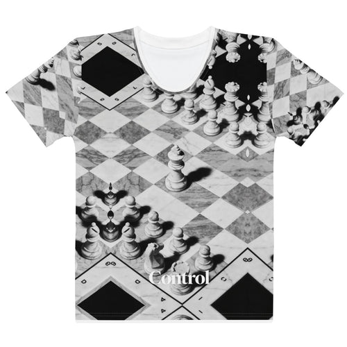 Front view of Command the Board women's T-shirt with grayscale chessboard and pieces artwork and Control text