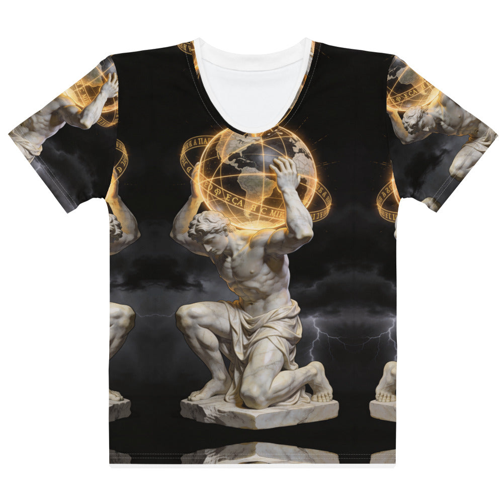 Front view of Burden of Greatness women's T-shirt with a classical figure holding a globe in black and gold artwork