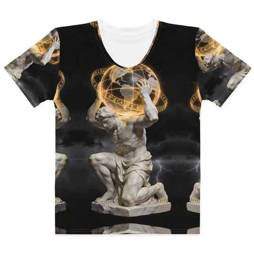 Front view of Burden of Greatness women's T-shirt with a classical figure holding a globe in black and gold artwork