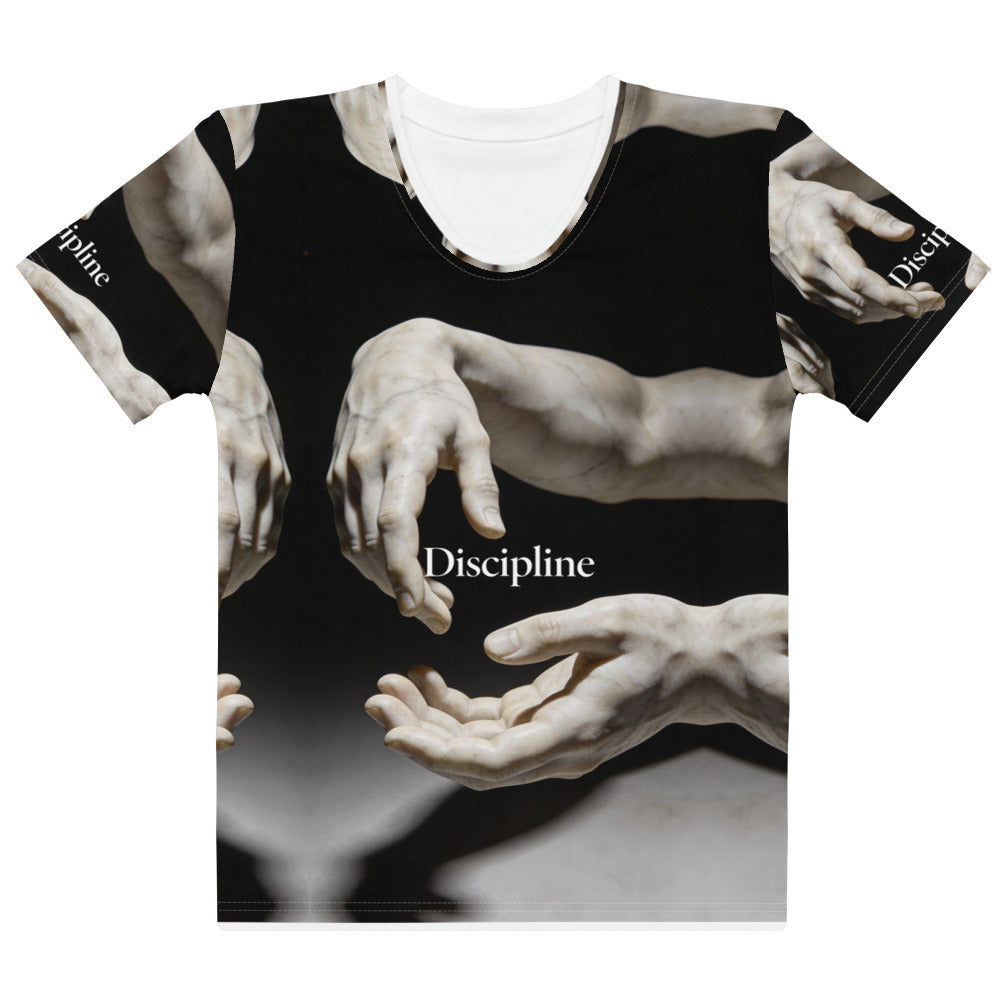 Front view of Discipline in Action women's T-shirt with monochrome reaching hands and Discipline lettering