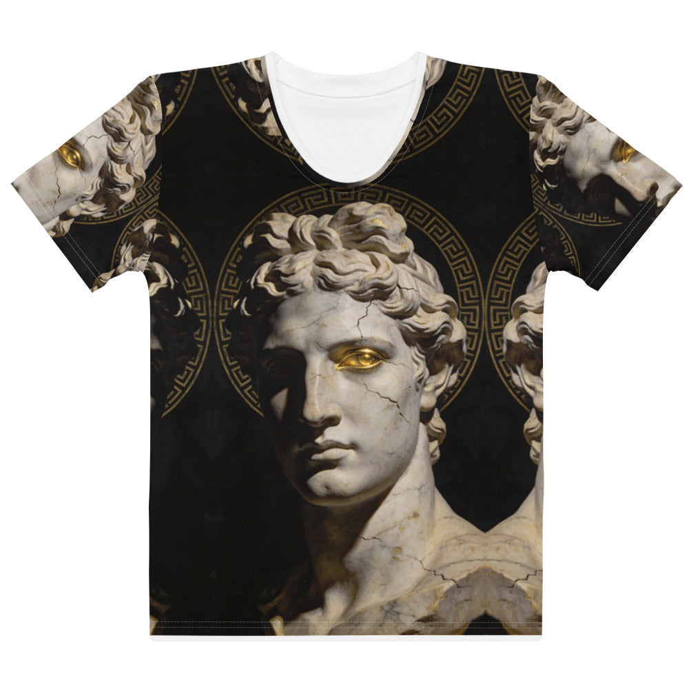 Front view of Eternal Gaze women's T-shirt with cracked classical statue portrait, gold eye, and Greek-key halos