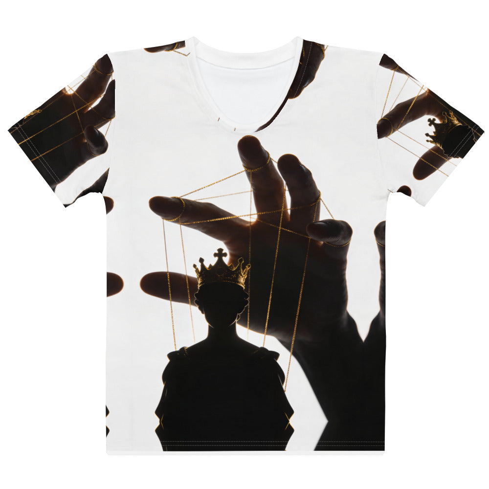 Front view of Hand Above the Throne women's T-shirt with a silhouetted hand controlling a crowned figure by golden strings