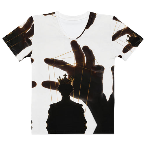 Front view of Hand Above the Throne women's T-shirt with a silhouetted hand controlling a crowned figure by golden strings