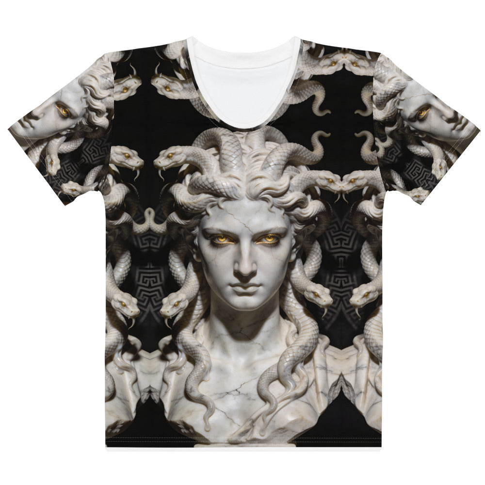 Front view of Medusa women's T-shirt with central stone Medusa face, snake hair, and gold eyes on black background