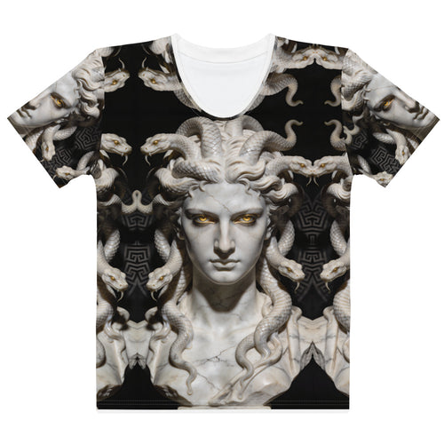 Front view of Medusa women's T-shirt with central stone Medusa face, snake hair, and gold eyes on black background
