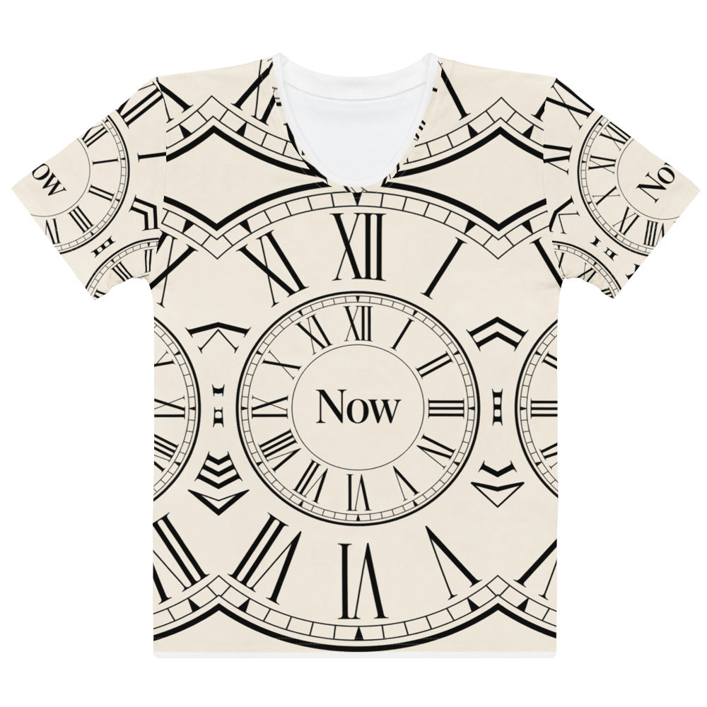Front view of The Time is Now women's T-shirt with cream-and-black Roman numeral clock faces and central Now lettering